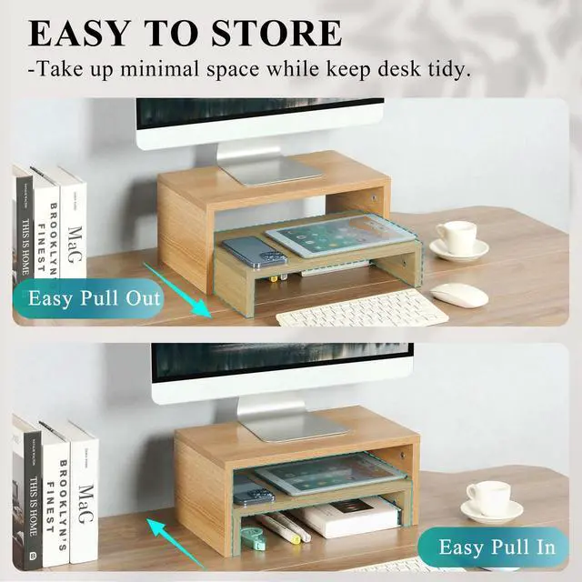 Alt view image 4 of 5 - TEAMIX Pull Out Monitor Stand Riser-2 Pack,Wood 2 Tier Adjustable Monitor Stand Dual Monitor Riser for 2 Monitors/Laptop/PC Computer Stand Desktop Space Saver