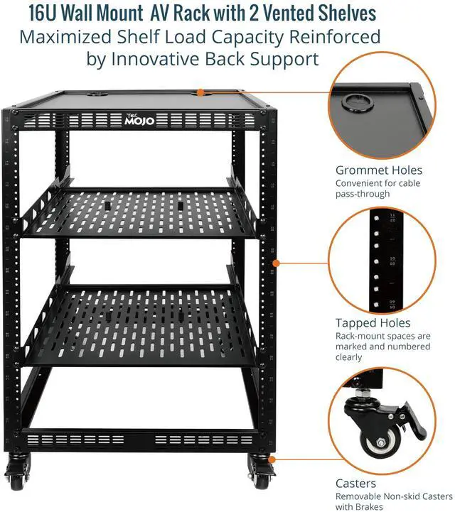 Alt view image 4 of 5 - Tecmojo 16U Open Frame Network Rack with Casters &9 Outlet Rack Mount Power Strips