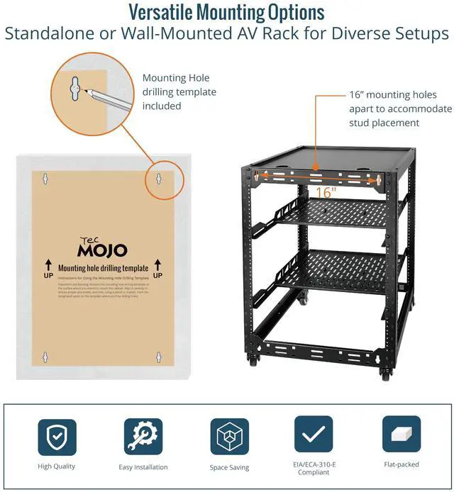 Alt view image 5 of 5 - Tecmojo 16U Open Frame Network Rack with Casters &9 Outlet Rack Mount Power Strips