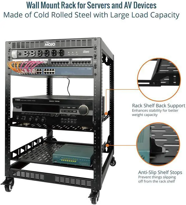 Alt view image 3 of 5 - Tecmojo 16U Open Frame Network Rack with Casters &9 Outlet Rack Mount Power Strips