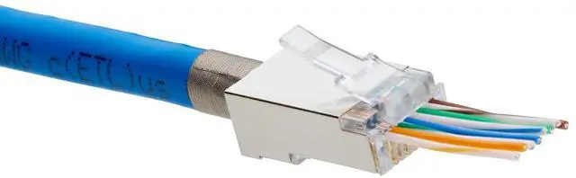 Main image of trueCABLE Cat5e RJ45 Pass Through Modular Plugs, Shielded (STP) Internal Ground Connector, UL Listed, EZ Crimp, Gold Plated 3 Prong 8P8C, 100 Pieces