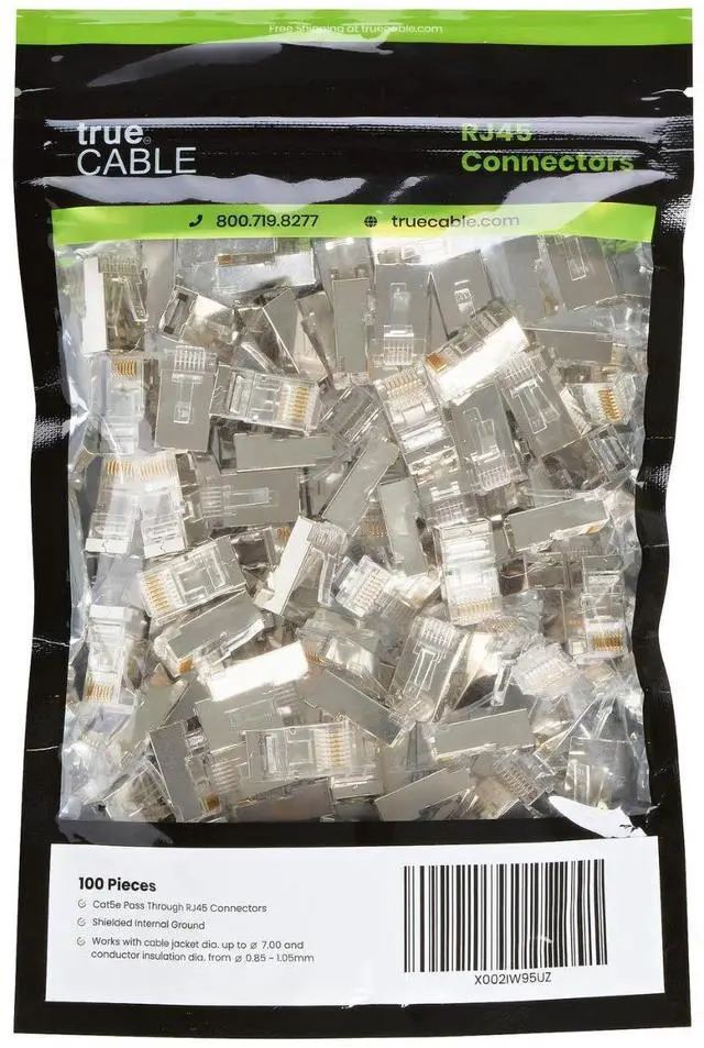 Alt view image 2 of 5 - trueCABLE Cat5e RJ45 Pass Through Modular Plugs, Shielded (STP) Internal Ground Connector, UL Listed, EZ Crimp, Gold Plated 3 Prong 8P8C, 100 Pieces