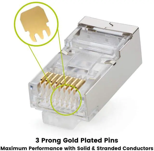 Alt view image 3 of 5 - trueCABLE Cat5e RJ45 Pass Through Modular Plugs, Shielded (STP) Internal Ground Connector, UL Listed, EZ Crimp, Gold Plated 3 Prong 8P8C, 100 Pieces