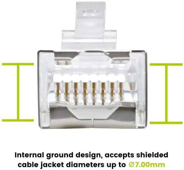 Alt view image 5 of 5 - trueCABLE Cat5e RJ45 Pass Through Modular Plugs, Shielded (STP) Internal Ground Connector, UL Listed, EZ Crimp, Gold Plated 3 Prong 8P8C, 100 Pieces
