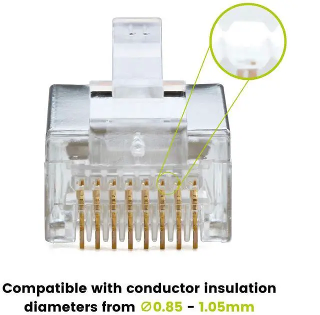 Alt view image 4 of 5 - trueCABLE Cat5e RJ45 Pass Through Modular Plugs, Shielded (STP) Internal Ground Connector, UL Listed, EZ Crimp, Gold Plated 3 Prong 8P8C, 100 Pieces