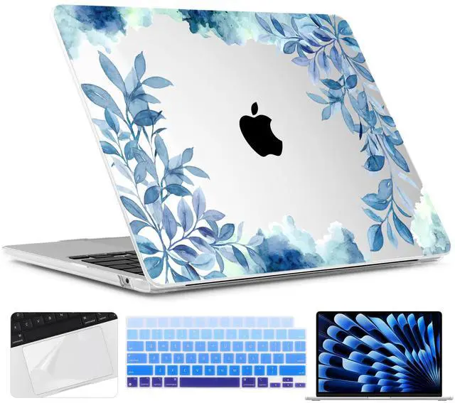 Main image of TWOLSKOO Compatible with M4 MacBook Air 15 inch Case 2025-2023 Released Model M4 A3241 M3 A3114 M2 A2941, Plastic Hard Shell & Screen Protector & Keyboard Cover & Trackpad Film, Blue Floral