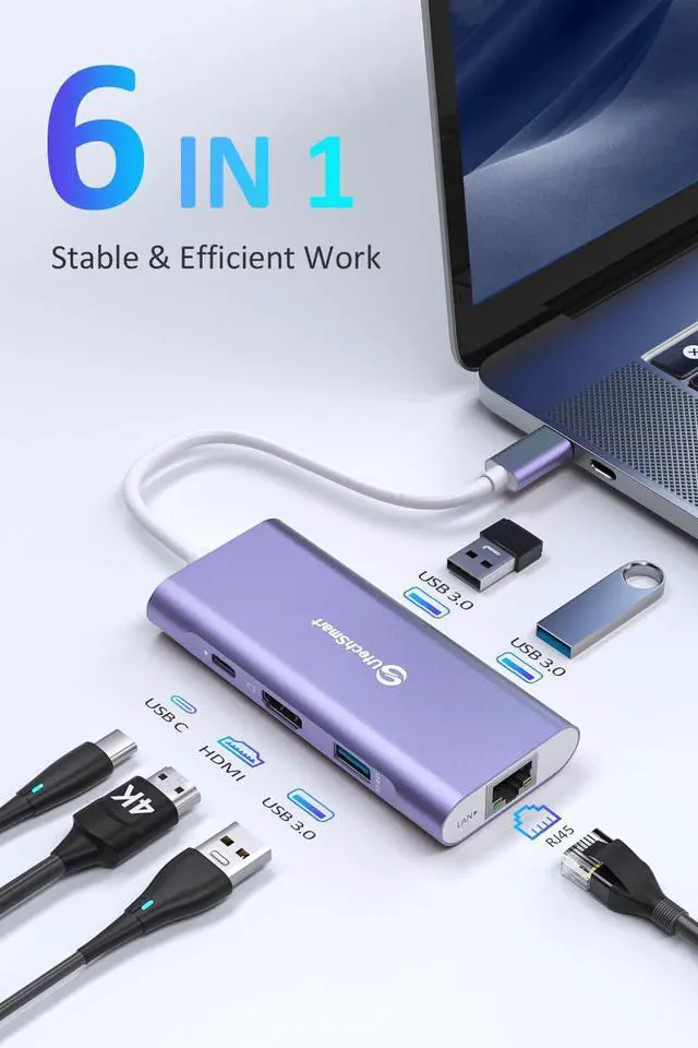 Alt view image 2 of 5 - UtechSmart USB C Hub, Ethernet Multiport Adapter 6 In 1 USB C to HDMI Dock Compatible for Macbook Pro/Air, Chromebook, Dell XPS, HP and Type C Devices (Gigabit Ethernet 100W PD 4K HDMI USB 3.0) Purple