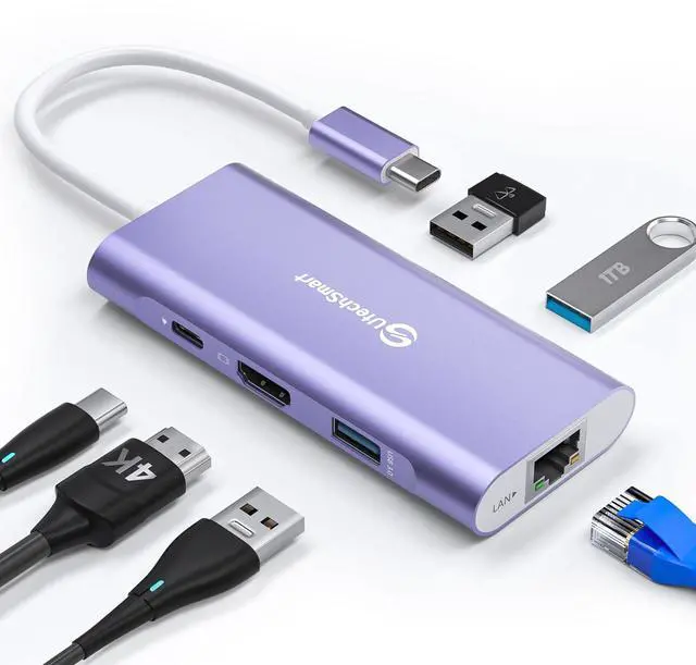 Main image of UtechSmart USB C Hub, Ethernet Multiport Adapter 6 In 1 USB C to HDMI Dock Compatible for Macbook Pro/Air, Chromebook, Dell XPS, HP and Type C Devices (Gigabit Ethernet 100W PD 4K HDMI USB 3.0) Purple