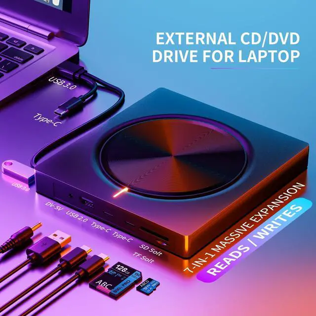Alt view image 2 of 5 - Umaniy External CD/DVD Drive - 8 in 1 USB 3.0 Portable DVD Reader Writer ROM Drive, CD Burner Compatible with Laptop, Desktop, Mac, Windows 11/10/8/7