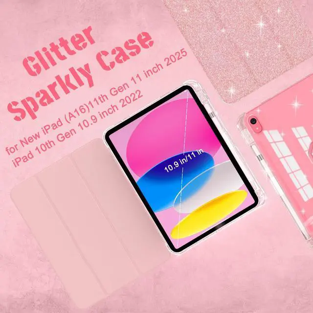Alt view image 2 of 5 - Case for iPad (A16) 11th Generation 11 Inch 2025, iPad 10th Generation 10.9 inch 2022,with Pencil Holder, Sparkle Glitter Leather Cover [Support Touch ID] Lightweight Clear Rear Folio Case (Painting)