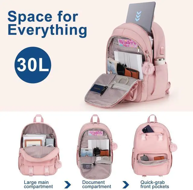 Alt view image 2 of 5 - WINDARS Backpacks for Girls, 15.6 Inch School Bag Cute Waterproof Laptop Bookbag Large College Backpack for Teen Women Students Anti Theft Travel Daypack, Pink