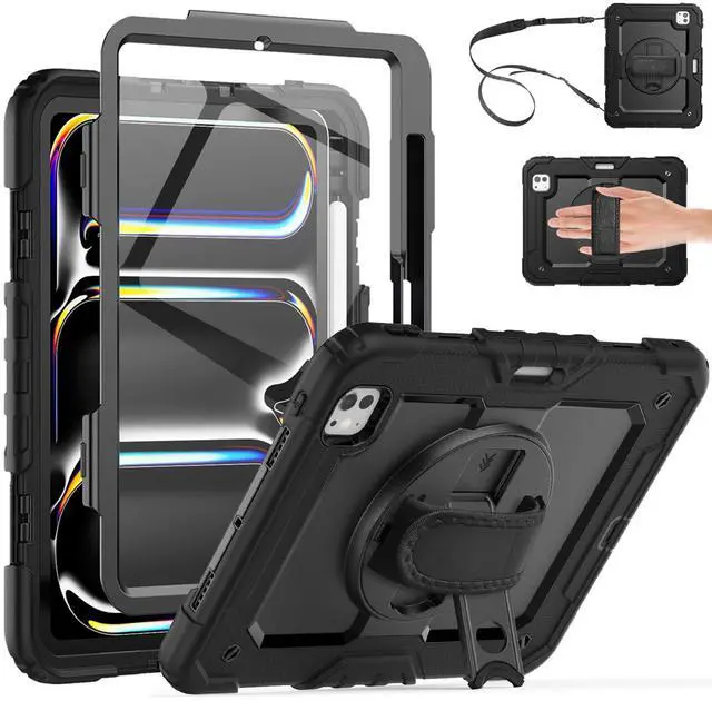 Main image of Whmeolyo for iPad Pro 11-Inch Case M4 2024, Shockproof Case for iPad Pro 11 5th Generation with Screen Protector/Pencil Holder/Rotating Kickstand [Hand & Shoulder Strap],Black