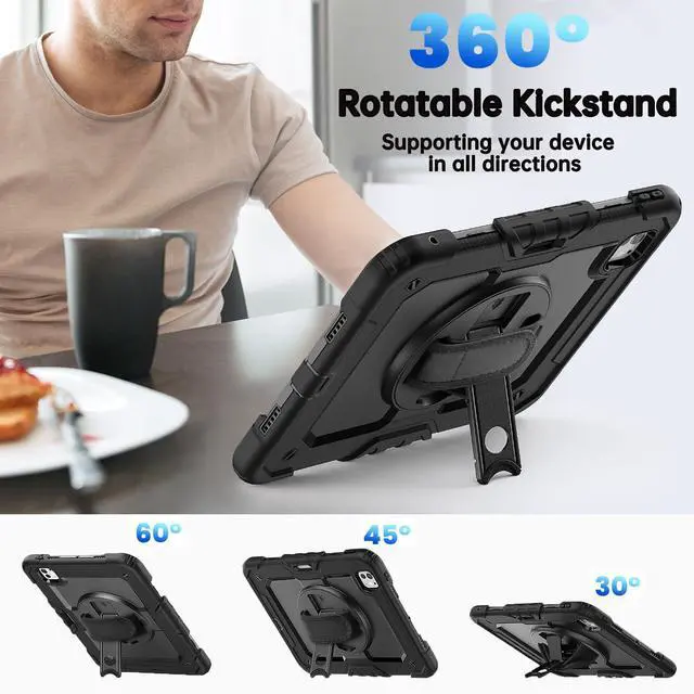 Alt view image 3 of 5 - Whmeolyo for iPad Pro 11-Inch Case M4 2024, Shockproof Case for iPad Pro 11 5th Generation with Screen Protector/Pencil Holder/Rotating Kickstand [Hand & Shoulder Strap],Black