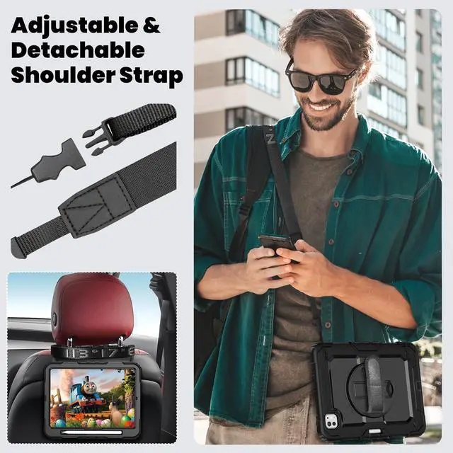 Alt view image 5 of 5 - Whmeolyo for iPad Pro 11-Inch Case M4 2024, Shockproof Case for iPad Pro 11 5th Generation with Screen Protector/Pencil Holder/Rotating Kickstand [Hand & Shoulder Strap],Black