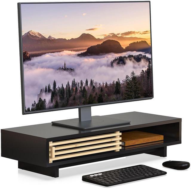Main image of WELL WENG Monitor Stand Riser with Sliding Door, Computer Laptop Stand Desk Shelf Organizer with Storage (Black + Natural Bamboo, 25 Inch)