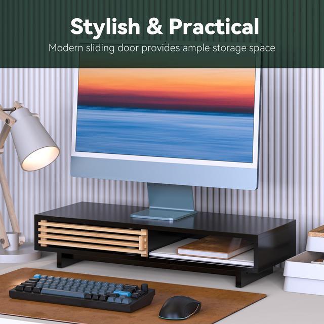 Alt view image 4 of 5 - WELL WENG Monitor Stand Riser with Sliding Door, Computer Laptop Stand Desk Shelf Organizer with Storage (Black + Natural Bamboo, 25 Inch)