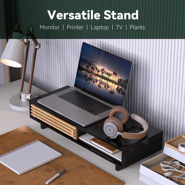 Alt view image 3 of 5 - WELL WENG Monitor Stand Riser with Sliding Door, Computer Laptop Stand Desk Shelf Organizer with Storage (Black + Natural Bamboo, 25 Inch)