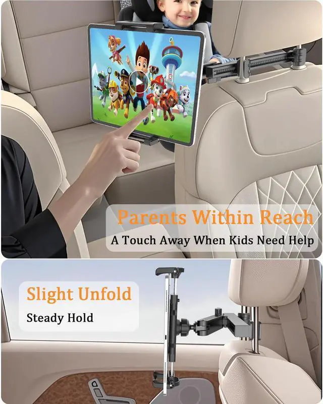Alt view image 3 of 5 - Car Headrest Tablet Holder, [Adjustable Extension Arm] Back Seat Tablet Mount with Foldable Wide Clip, Essential for Kids Travel, for iPad Pro 13, Air, Mini, Galaxy Tab, Fire, 5.5-15.6" Devices