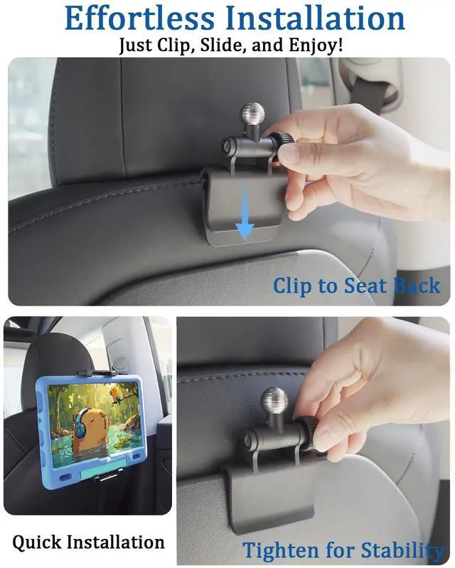 Alt view image 4 of 5 - Headrest Tablet Holde for Tesla Model 3/Y/S/X, Road Trip Essentials for Kids, Back Seat iPad Mount for Thick Cases (Max Depth 1.18''), Fits All 5.5-15.6" iPad Pro Air Mini, Galaxy Tab, Fire Series