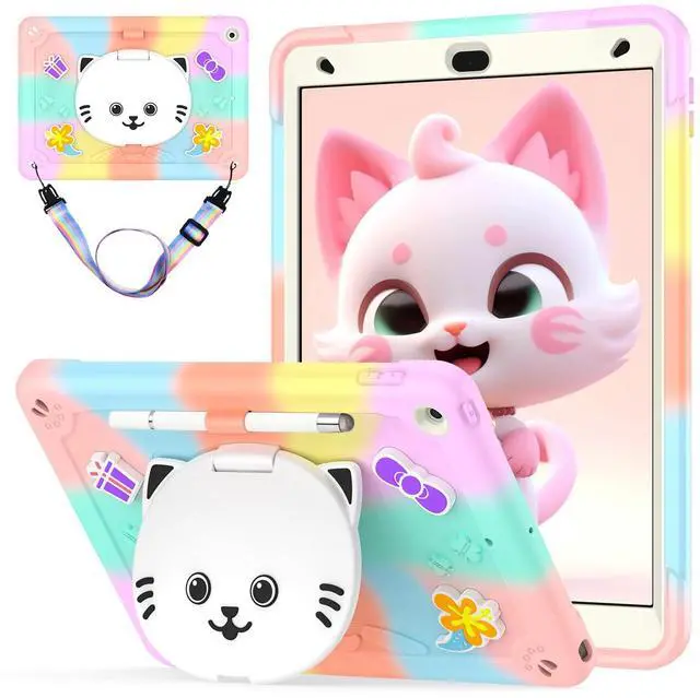 Main image of YOUSIDUN for iPad 9th/8th/7th Generation Case Kids Girls, iPad 10.2'' case with Stylus Pen, Cute Cat Stand,Penci Holder Shoulder Strap,Shockproof Protective Case for iPad 9th Gen (Colourful Rose Gold)