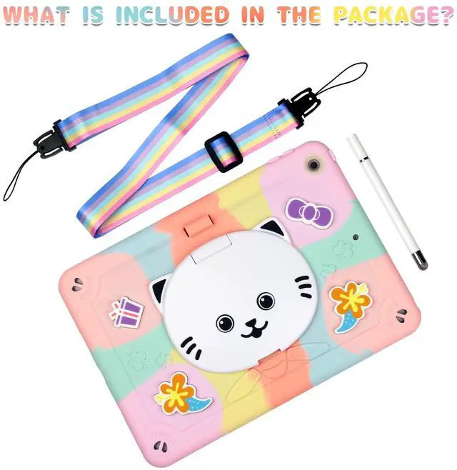 Alt view image 2 of 5 - YOUSIDUN for iPad 9th/8th/7th Generation Case Kids Girls, iPad 10.2'' case with Stylus Pen, Cute Cat Stand,Penci Holder Shoulder Strap,Shockproof Protective Case for iPad 9th Gen (Colourful Rose Gold)
