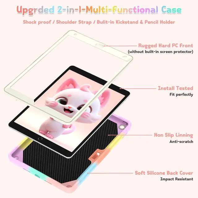 Alt view image 3 of 5 - YOUSIDUN for iPad 9th/8th/7th Generation Case Kids Girls, iPad 10.2'' case with Stylus Pen, Cute Cat Stand,Penci Holder Shoulder Strap,Shockproof Protective Case for iPad 9th Gen (Colourful Rose Gold)