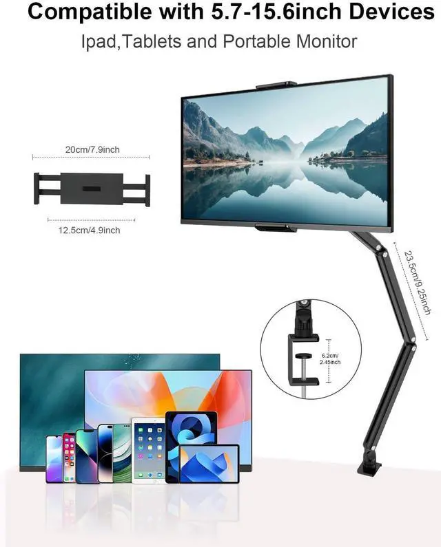 Alt view image 4 of 5 - Adjustable Aluminum Tablet Stand, Foldable Arm for Desk/Bed, 360deg Rotation, Compatible with iPad Pro 12.9/11, Air, Mini, Samsung Tabs, Nintendo Switch, 5.1''-15.9'' Devices - Sturdy & Portable