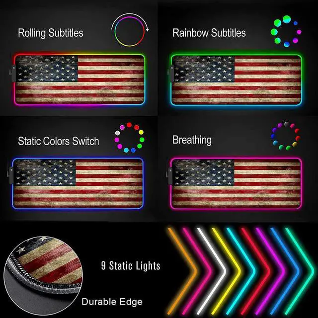 Alt view image 2 of 5 - RGB Gaming Mouse Pad Large Mouse Pad Desk Mat Led Mouse Pad Light-up Mouse Pad, Large Keyboard Pad, Optical Waterproof Non-Slip, Great for Gamers, Vintage Red American Flag
