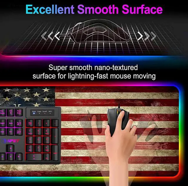 Alt view image 4 of 5 - RGB Gaming Mouse Pad Large Mouse Pad Desk Mat Led Mouse Pad Light-up Mouse Pad, Large Keyboard Pad, Optical Waterproof Non-Slip, Great for Gamers, Vintage Red American Flag