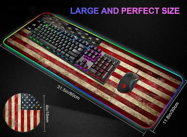 Alt view image 3 of 5 - RGB Gaming Mouse Pad Large Mouse Pad Desk Mat Led Mouse Pad Light-up Mouse Pad, Large Keyboard Pad, Optical Waterproof Non-Slip, Great for Gamers, Vintage Red American Flag