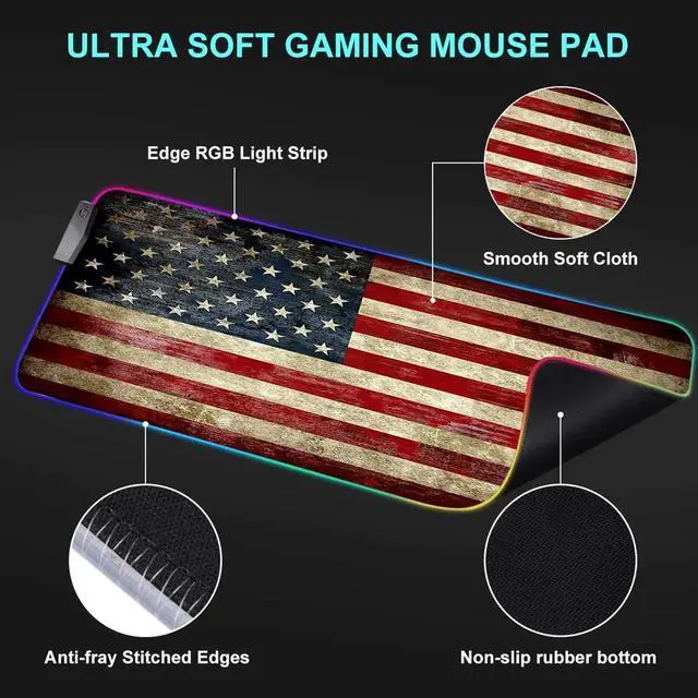 Alt view image 5 of 5 - RGB Gaming Mouse Pad Large Mouse Pad Desk Mat Led Mouse Pad Light-up Mouse Pad, Large Keyboard Pad, Optical Waterproof Non-Slip, Great for Gamers, Vintage Red American Flag