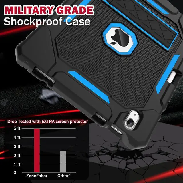 Alt view image 3 of 5 - ZoneFoker Case for iPad (A16) 11th/10th Generation 11/10.9 inch 2025/2022, Heavy Duty Military Grade Shockproof Rugged Cover with Pencil Holder/Stand for i Pad 11th / 10 th Gen (Black+Blue)