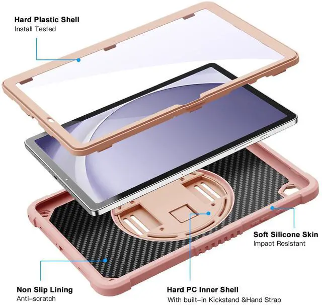 Alt view image 2 of 5 - ZtotopCases for Samsung Galaxy Tab A9+ / A9 Plus 11'' 2023 (SM-X210/X216/X218), Shockproof Hard Duty Case with Screen Protector+360 Rotating Hand Strap&Stand+Shoulder Strap for Tab A9+ Tablet, Pink