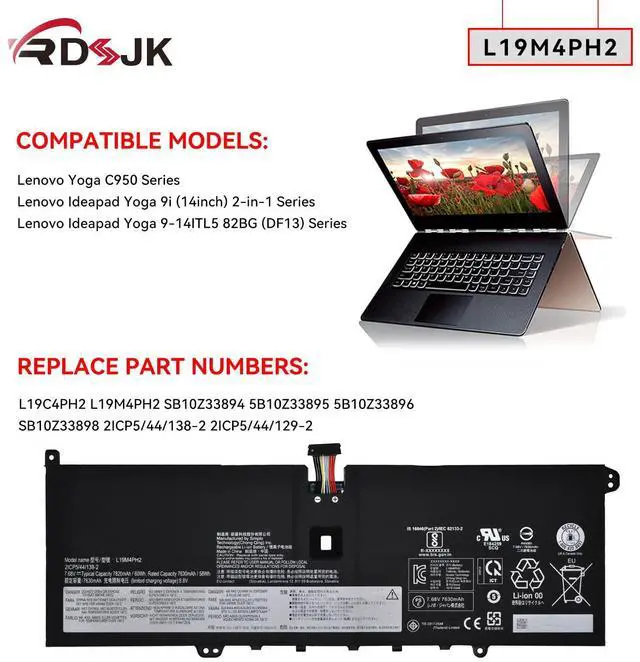 Alt view image 3 of 5 - L19M4PH2 L19C4PH2 Laptop Battery for Lenovo Ideapad Yoga 9-14ITL5 82BG Yoga 9i (14inch) 2-in-1 C950 9-14ITL5-82BG001AUK 82BG00DRUE Series SB10Z33894 5B10Z33895 5B10Z33896 SB10Z33898 7.68V 60Wh 7820mAh