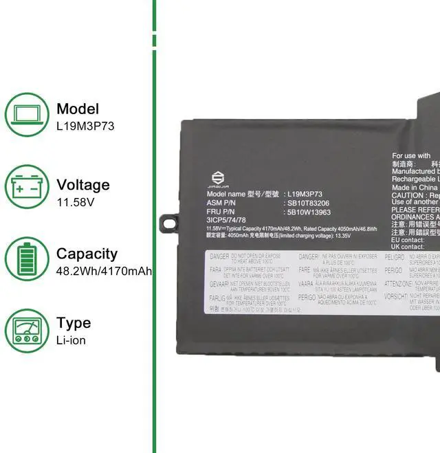 Alt view image 2 of 5 - JIAZIJIA L19M3P73 Laptop Battery Replacement for Lenovo ThinkPad X1 Nano Gen 1 2020 Series SB10T83206 5B10W13963 L19C3P71 SB10T83207 5B10W13964 L19M3P72 SB10T83205 5B10W13962 11.58V 48.2Wh 4170mAh