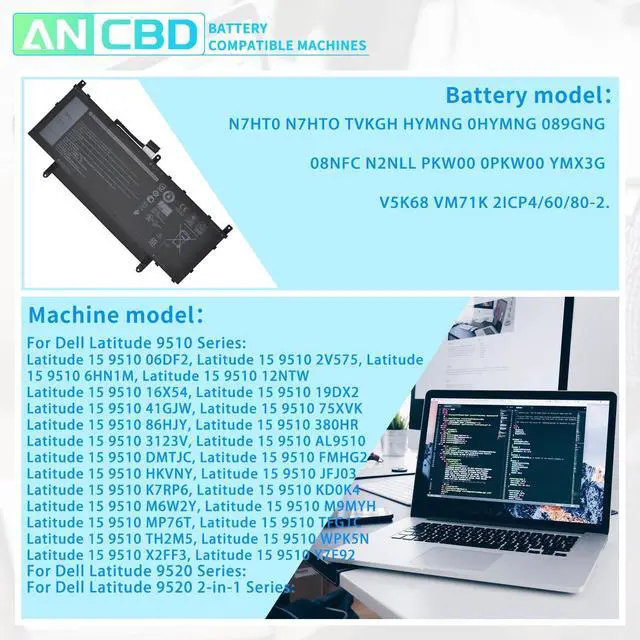 Alt view image 5 of 5 - ANCBD N7HT0 Laptop Battery for Dell Latitude 9510 9520 9520 2-in-1 Series N7HT0 N7HTO TVKGH HYMNG 0HYMNG 089GNG 08NFC N2NLL PKW00 0PKW00 YMX3G V5K68 VM71K 2ICP4/60/80-2 7.6V 52Wh/6500mAh/4-Cells