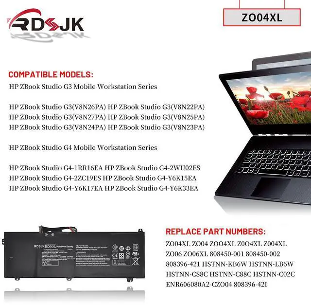 Alt view image 3 of 5 - ZO04XL ZO04 Laptop Battery for HP ZBook Studio G3 G4 G4-Y6K33EA Mobile Workstation Series ZO06XL ZO06 808396-421 808450-001 808450-002 HSTNN-CS8C HSTNN-C88C HSTNN-LB6W HSTNN-KB6W HSN-C02C 15.2V 64Wh