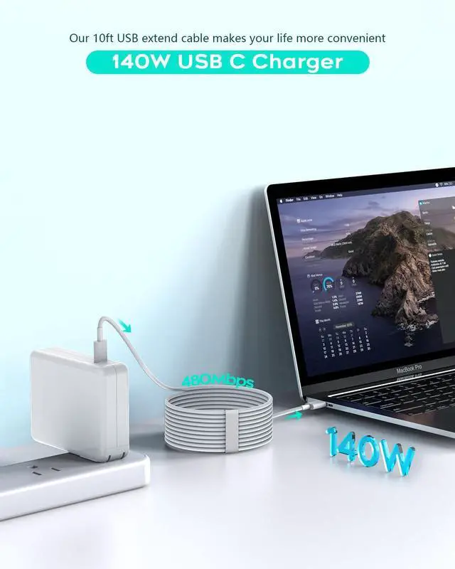 Alt view image 2 of 5 - 10FT 140W/118W/96W Mac Book Pro Fast Charger,Long 10Foot USB C Charger Cable Quick Apple Laptop Adapter Fast Charging for Macbook Pro 16,15,14,13inch 2024,2023,2022,2021,2020,2019,M1 M2 M3 MacBook Air