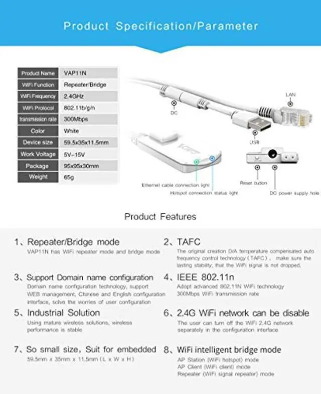Alt view image 2 of 5 - Vonets VAP11N-300 Wireless Mini WiFi Bridge/Repeater The Best Partner of IP Device/IP Printer/xbox/ps3/Dreambox Professional WiFi Bridge