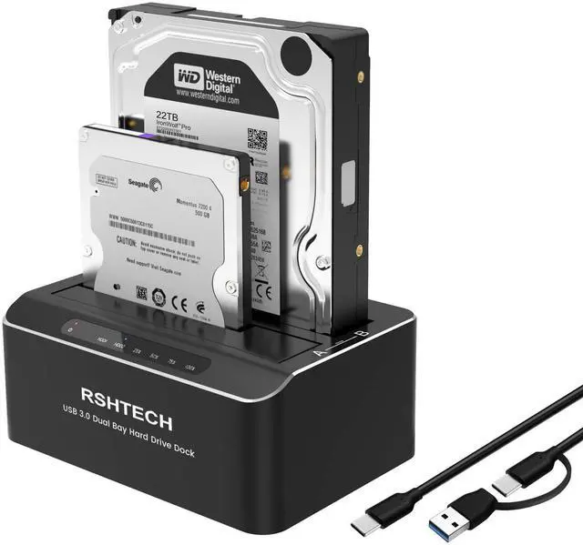 Main image of RSHTECH Hard Drive Docking Station Aluminum USB-C/USB 3.0 to SATA Dual Bay Hard Drive Dock for 2.5 or 3.5 inch HDD SSD, with 2-in-1 USB Cable, Support Offline Clone, UASP and 2x22TB, RSH-DS01C