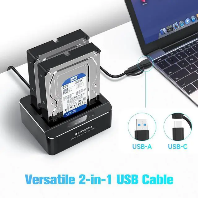Alt view image 3 of 5 - RSHTECH Hard Drive Docking Station Aluminum USB-C/USB 3.0 to SATA Dual Bay Hard Drive Dock for 2.5 or 3.5 inch HDD SSD, with 2-in-1 USB Cable, Support Offline Clone, UASP and 2x22TB, RSH-DS01C