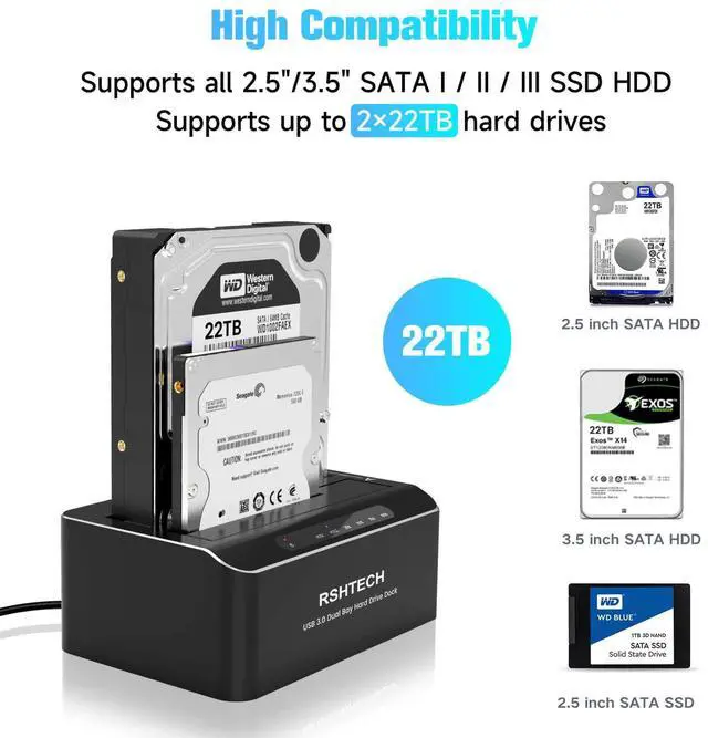 Alt view image 2 of 5 - RSHTECH Hard Drive Docking Station Aluminum USB-C/USB 3.0 to SATA Dual Bay Hard Drive Dock for 2.5 or 3.5 inch HDD SSD, with 2-in-1 USB Cable, Support Offline Clone, UASP and 2x22TB, RSH-DS01C