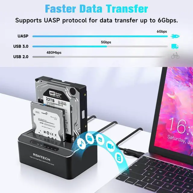 Alt view image 4 of 5 - RSHTECH Hard Drive Docking Station Aluminum USB-C/USB 3.0 to SATA Dual Bay Hard Drive Dock for 2.5 or 3.5 inch HDD SSD, with 2-in-1 USB Cable, Support Offline Clone, UASP and 2x22TB, RSH-DS01C