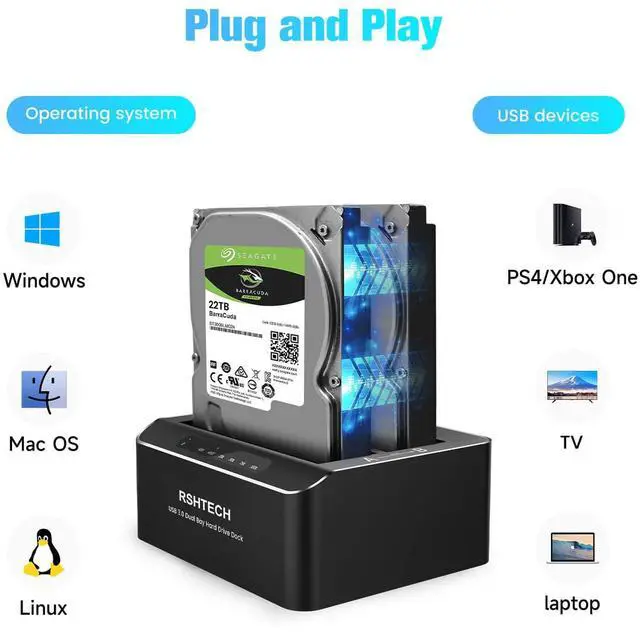 Alt view image 5 of 5 - RSHTECH Hard Drive Docking Station Aluminum USB-C/USB 3.0 to SATA Dual Bay Hard Drive Dock for 2.5 or 3.5 inch HDD SSD, with 2-in-1 USB Cable, Support Offline Clone, UASP and 2x22TB, RSH-DS01C