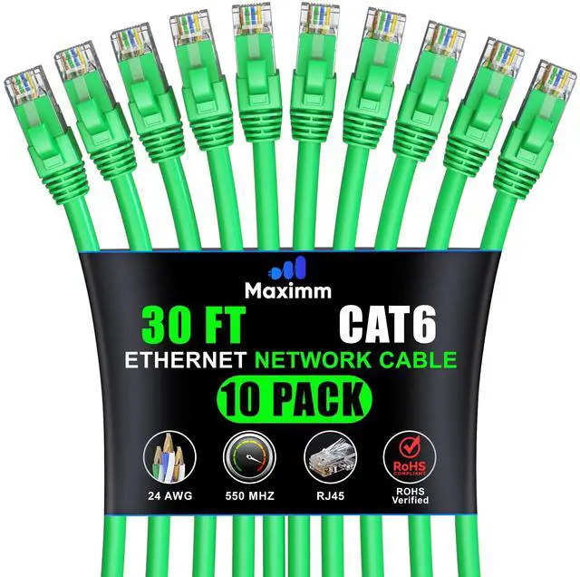 Main image of Maximm Cat 6 Ethernet Cable 30 ft (10-Pack) - High-Speed LAN Cable, Internet Cable, Patch Cable, and Network Cable - UTP, 10Gbps, 550MHz Ethernet Cord - Green