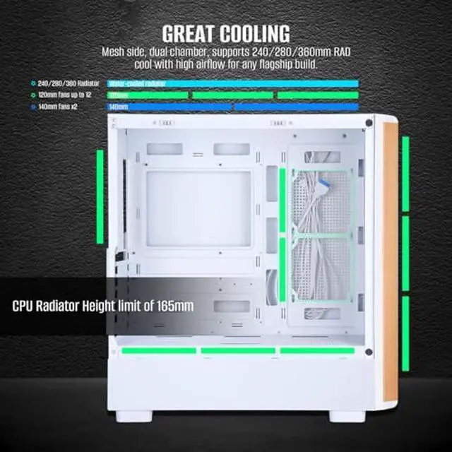 Alt view image 5 of 5 - ATX Mid Tower Gaming PC Case - Tempered Side Glass Panel - Dual Chamber - Walnut Wood Front - Can Build in 12 ARGB PWM Fans High Airflow 360MM RAD Supports for ATX/mATX/Mini ITX Motherboards White