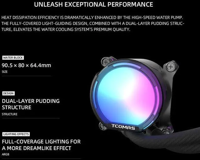 Alt view image 2 of 5 - TCOMAS LE100 360mm AIO Liquid CPU Cooler - Low-Noise, High-Performance ARGB Fans with PWM, Compatible with Intel LGA1700 and AMD AM5/AM4