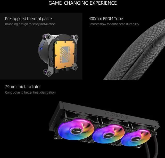 Alt view image 5 of 5 - TCOMAS LE100 360mm AIO Liquid CPU Cooler - Low-Noise, High-Performance ARGB Fans with PWM, Compatible with Intel LGA1700 and AMD AM5/AM4