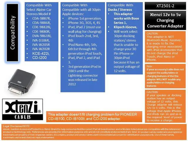 Alt view image 3 of 5 - Xtenzi Charging Converter 30 Pin Pass Through Adapter XT12V5 Compatible with iPod iPhone iPad Car Vehicle