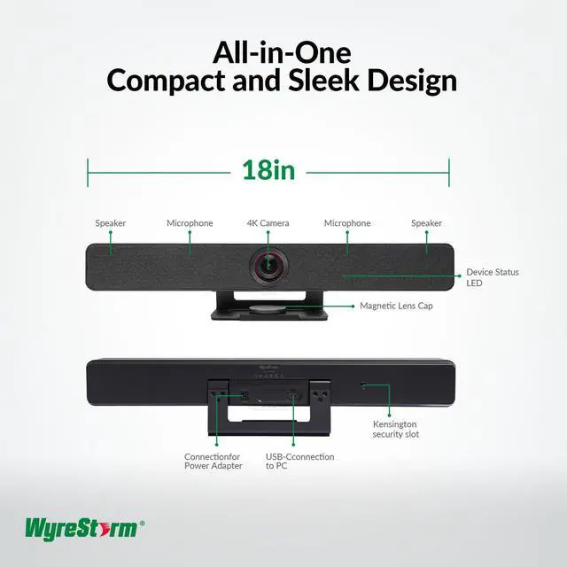 Alt view image 2 of 5 - WYRESTORM 4K UHD Conference Room Webcam with AI Auto Framing, Presenter & Speaker Tracking - 120deg Wide-Angle Camera, 5X Digital Zoom, Mic & Speaker for PC Meetings, Microsoft Teams & Zoom